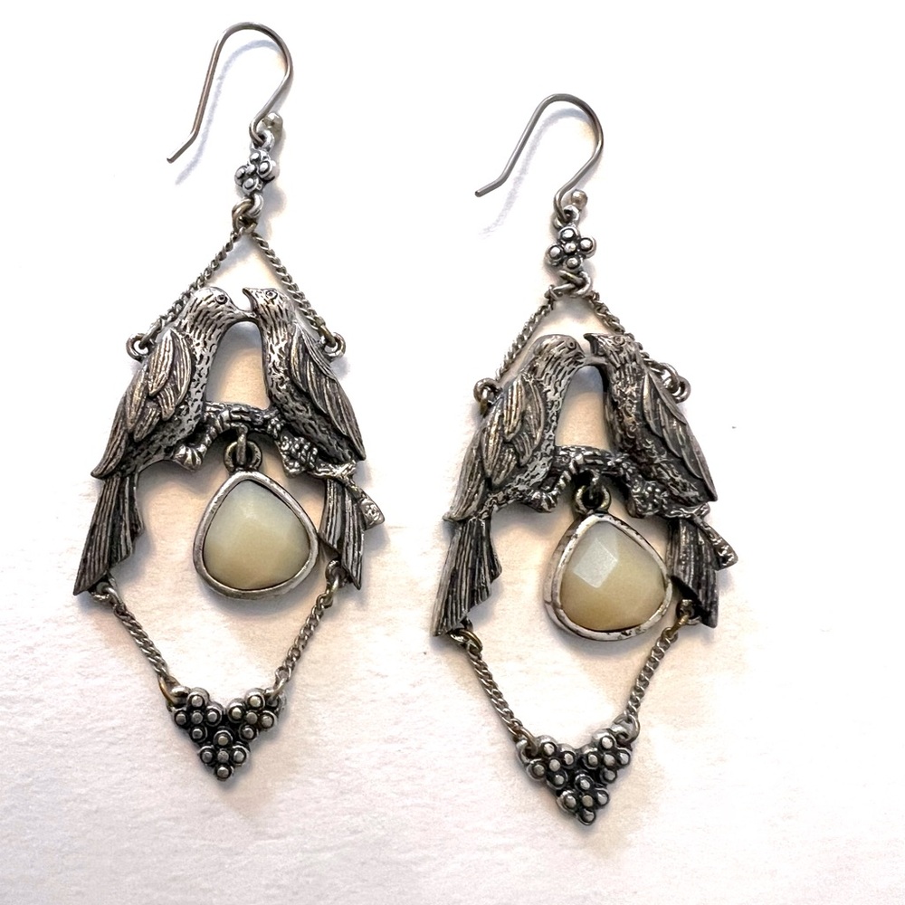 Lucky Brand 3" drop Silver and Cream Bird Motif Earrings